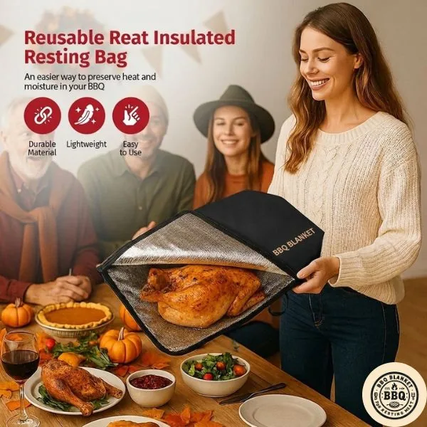 Woman serving a freshly roasted turkey from the Smoky Spoons BBQ Blanket at a family table